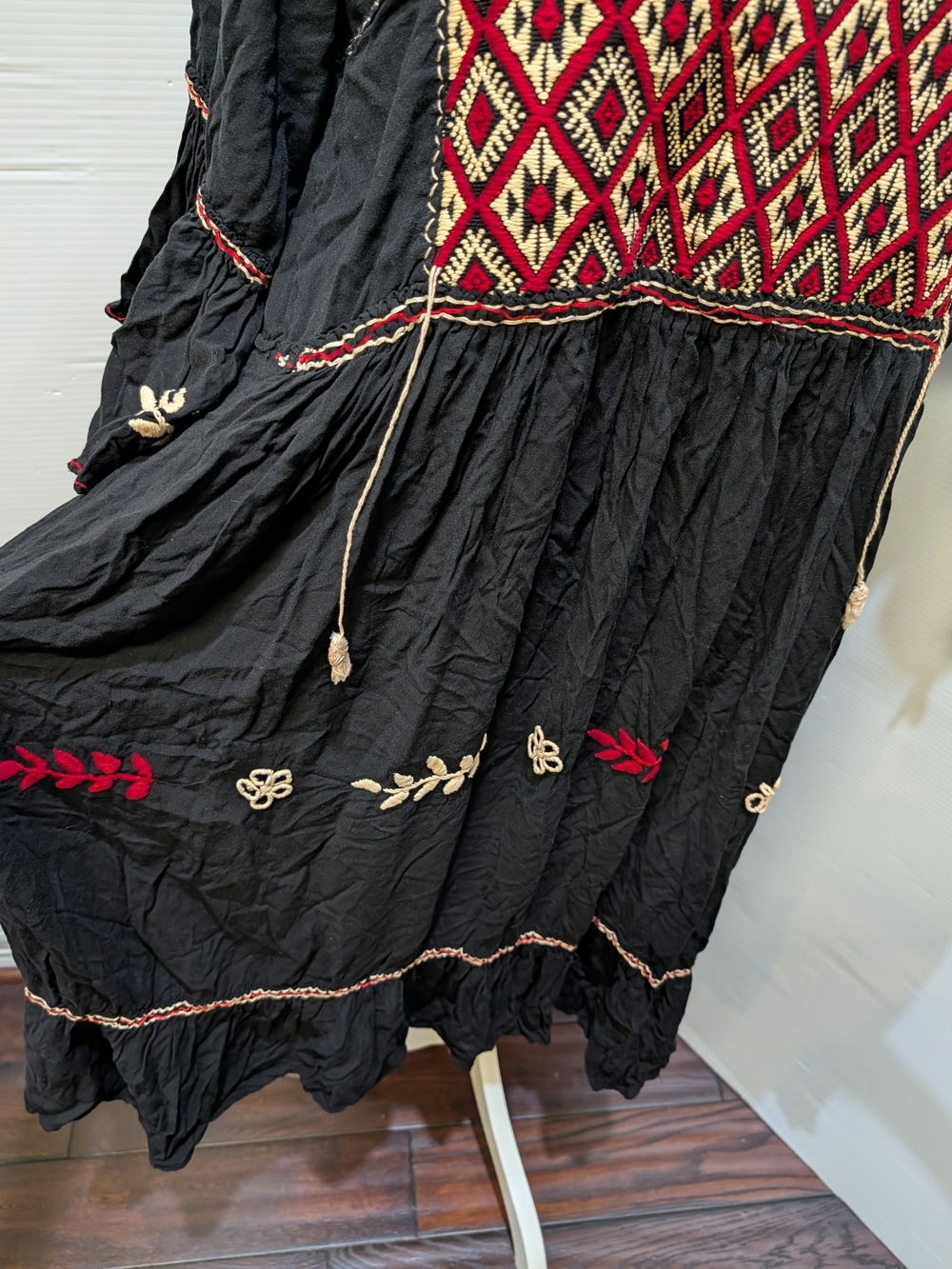 Black Bohemian Maxi Dress with Red & Cream Hand Embroidered Accents
